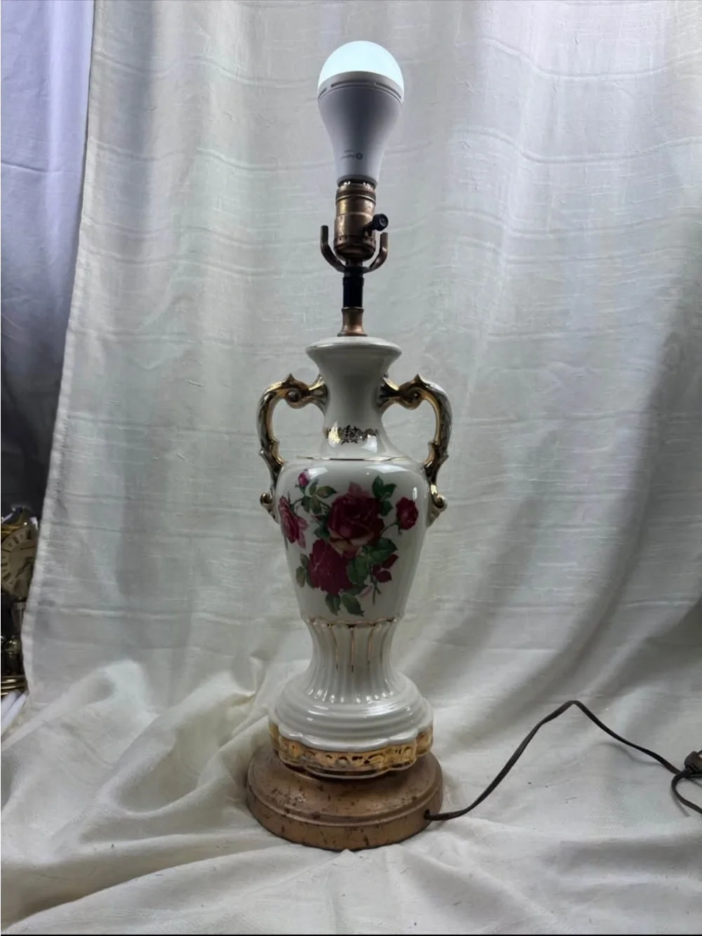 Source Unknown White Porcelain Lantern with Pink Rose Motif and Gold Accents